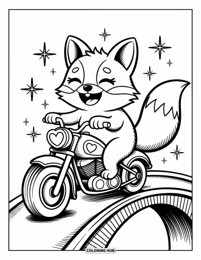 Desenho de moto para colorir para adultos: Uma raposa feliz pilota uma motocicleta com farol em formato de coração por uma charmosa ponte em arco