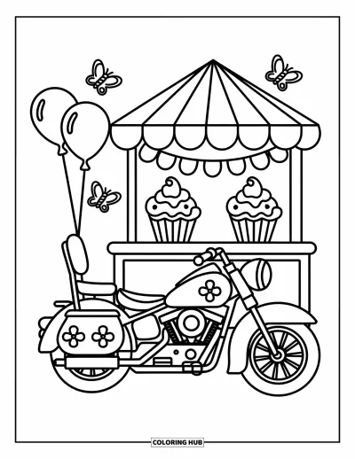 Desenho de moto para colorir para adultos: Uma motocicleta kawaii com desenhos florais descansa perto de uma barraca de cupcakes com balões e borboletas