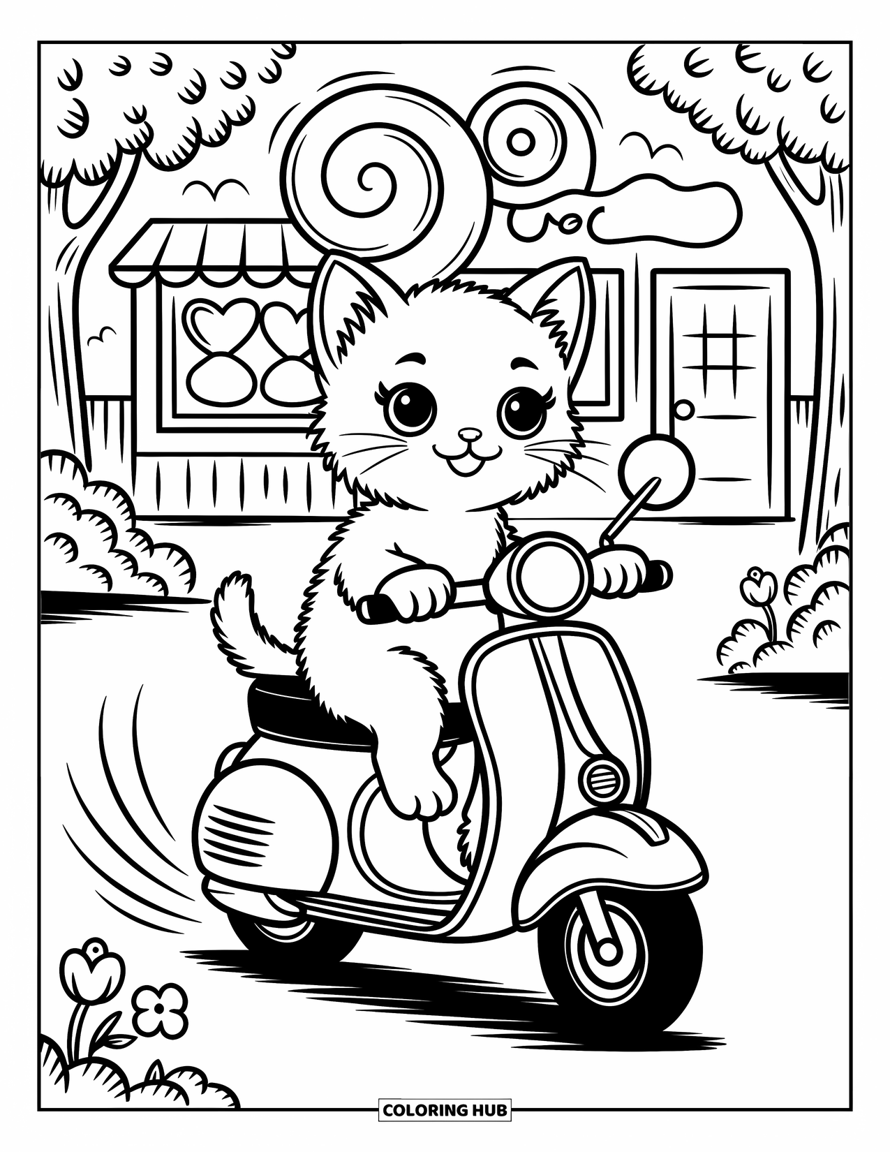 Desenho de moto para colorir para adultos: Um gatinho com espelhos grandes em sua scooter passa por uma loja de doces com placas de doces