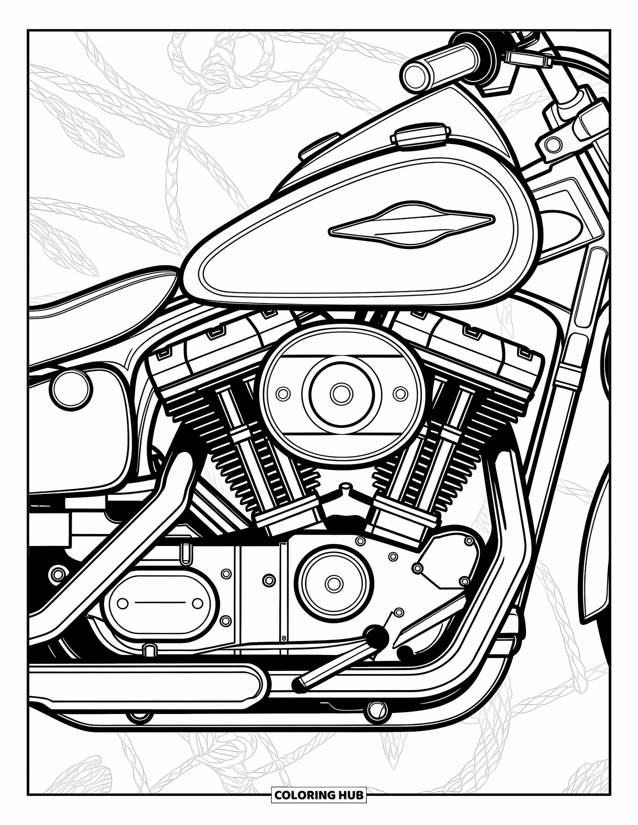 Desenho de moto para colorir para adultos: Um close-up do motor da moto mostrando engrenagens, pistões e padrões de linha intrincados