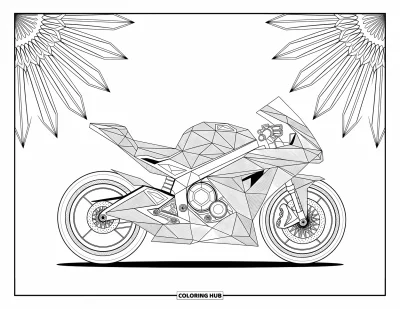 Desenho de moto para colorir para adultos: Uma motocicleta feita de formas geométricas é cercada por desenhos simétricos elegantes e tranquilos