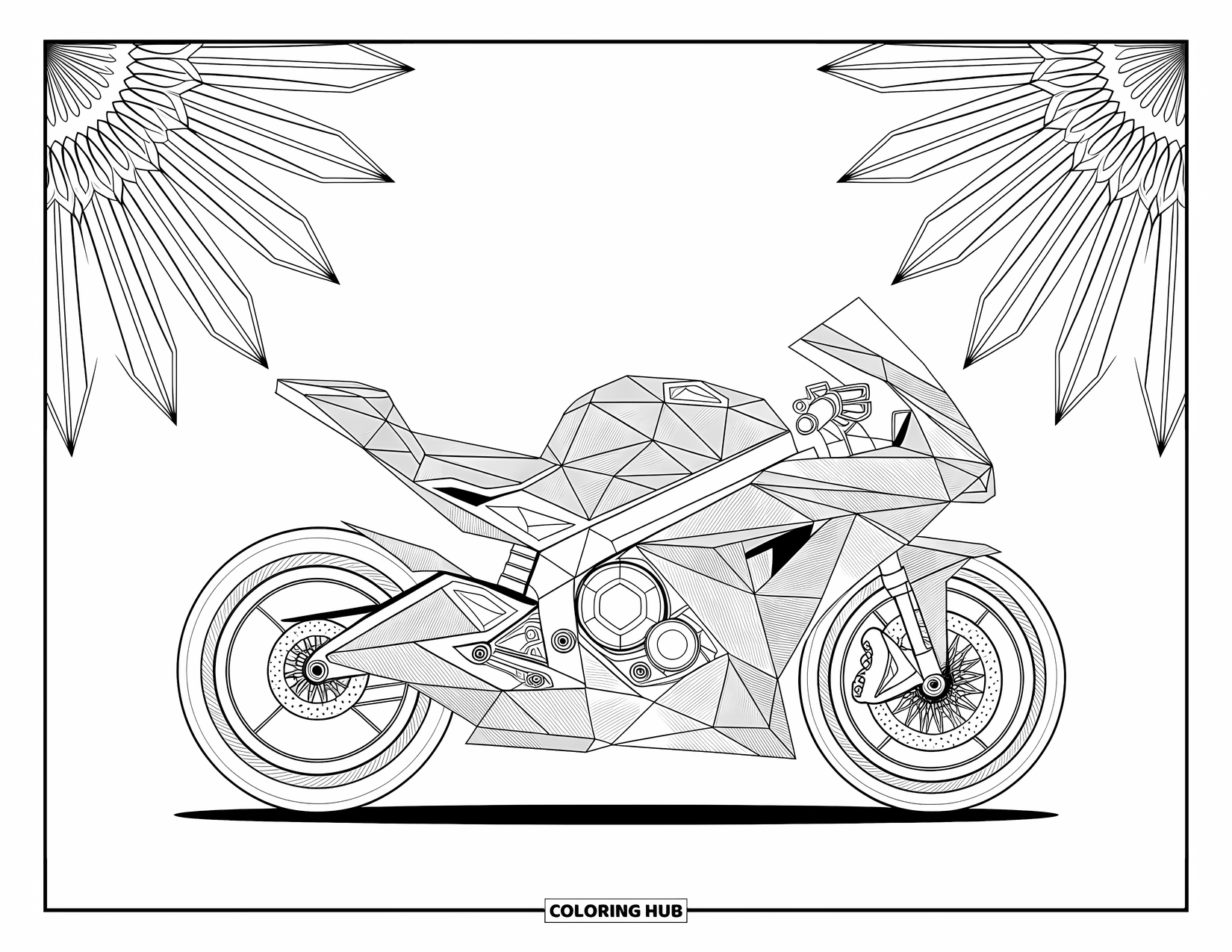 Desenho de moto para colorir para adultos: Uma moto de formas geométricas é cercada por designs simétricos elegantes e calmantes