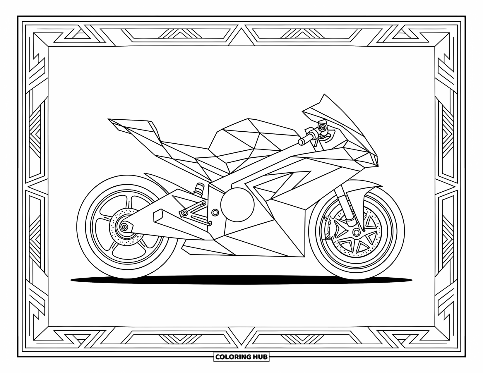 Desenho de moto para colorir para adultos: Uma moto de formas geométricas se destaca com designs simétricos intrincados