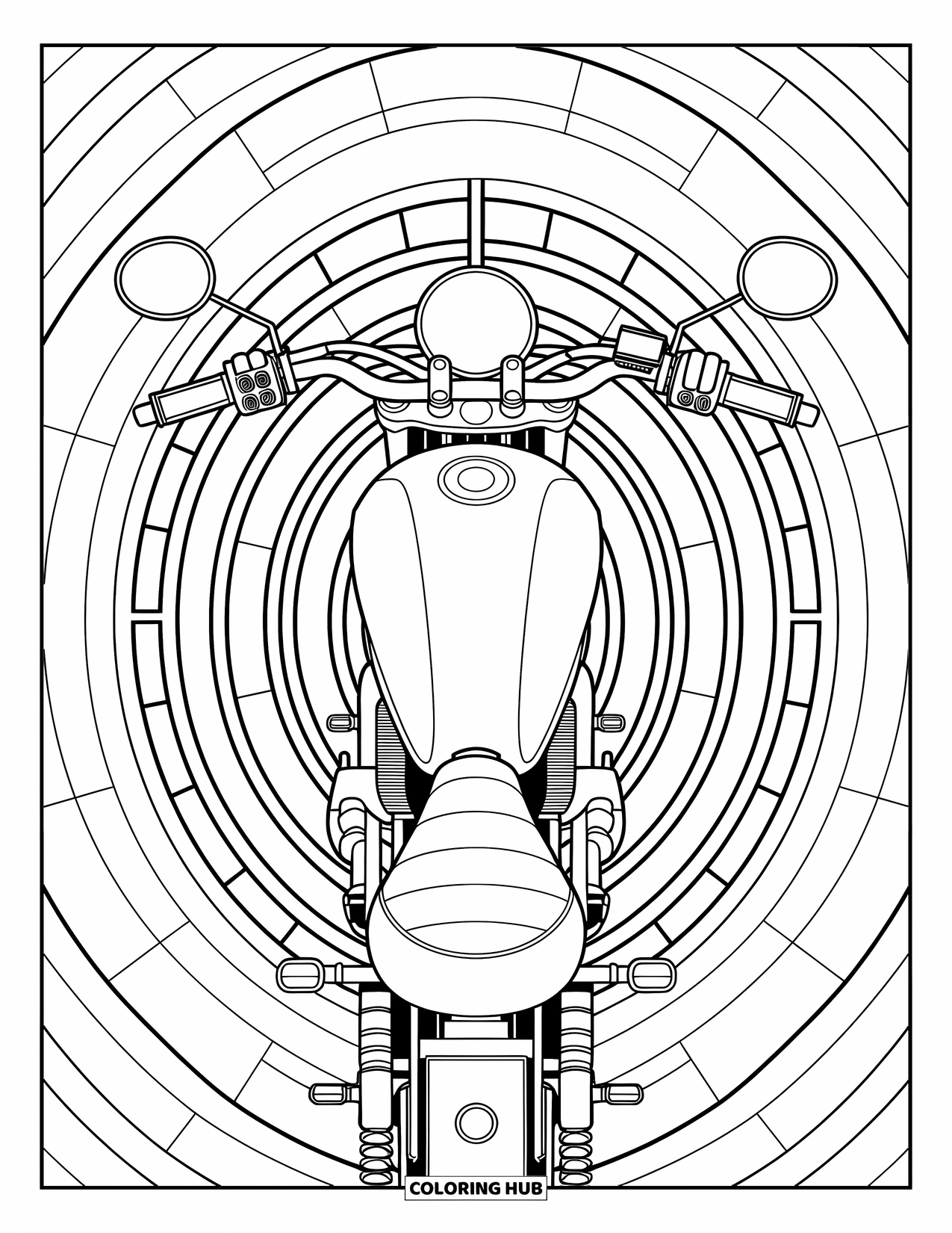 Desenho de moto para colorir para adultos: Uma moto vista de cima com as mãos no guidão e padrões artísticos