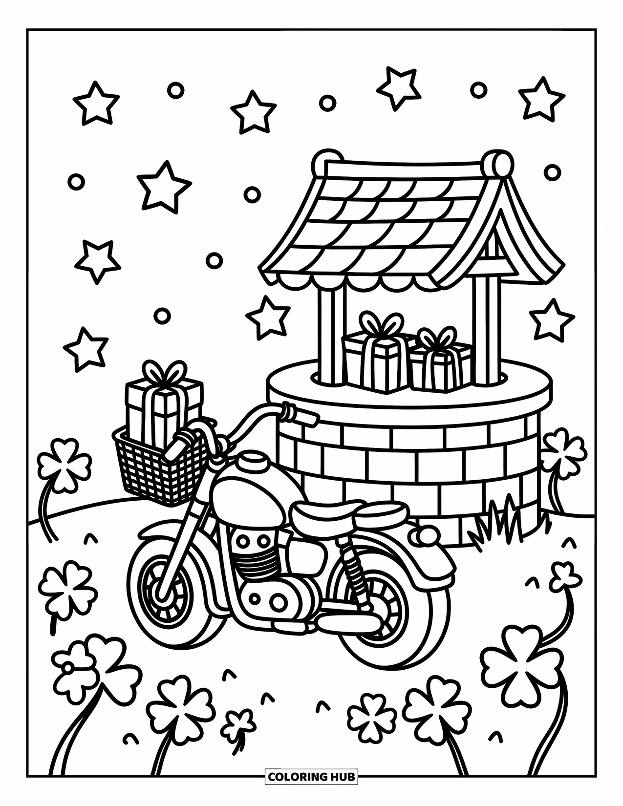 Desenho de moto para colorir para adultos: Uma moto com uma cesta de presentes repousa perto de um poço dos desejos e estrelas flutuantes