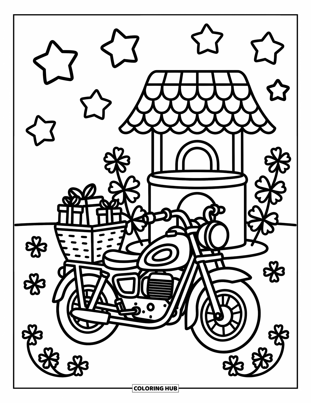 Desenho de moto para colorir para adultos: Uma moto com uma cesta de presentes repousa perto de um poço dos desejos cercado por trevos e estrelas