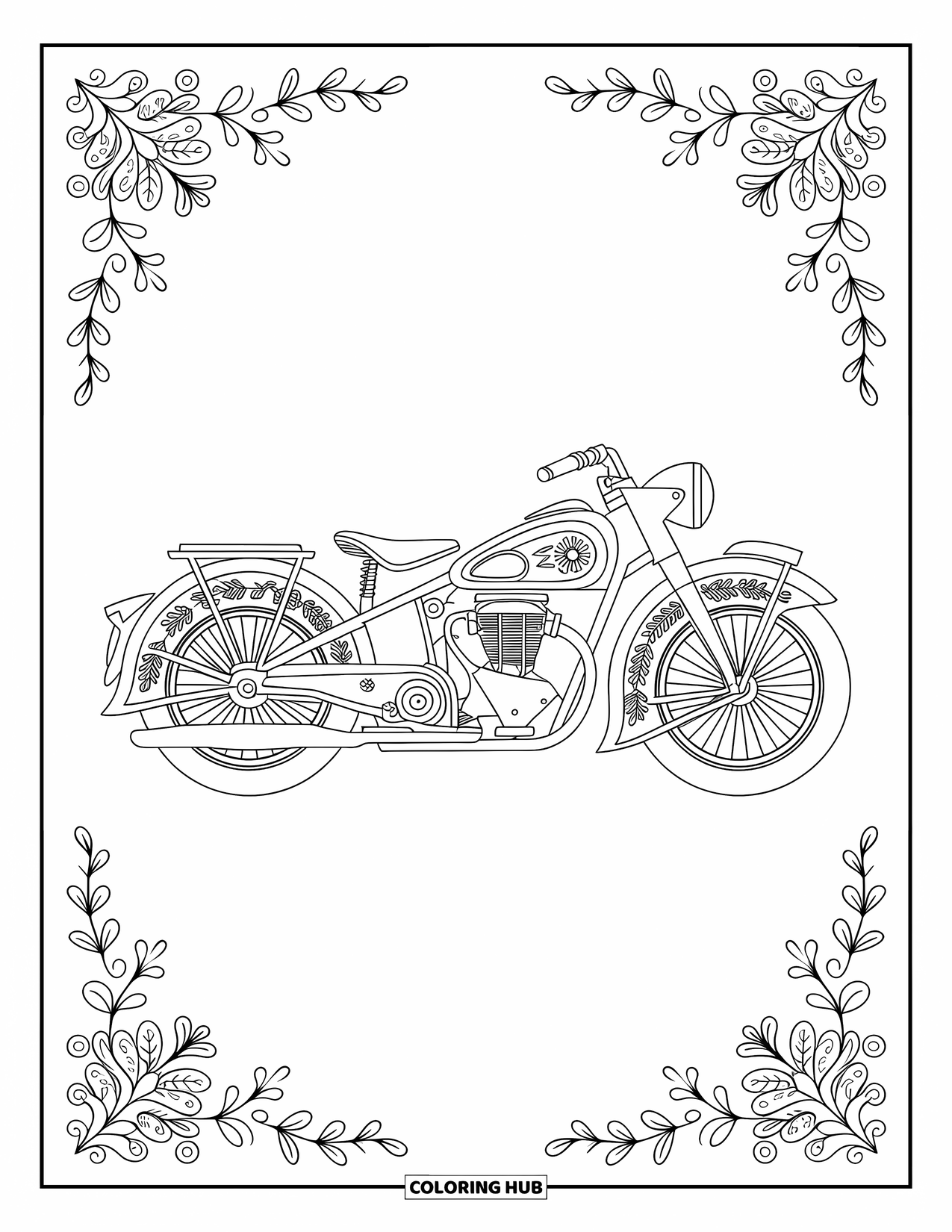Desenho de moto para colorir para adultos: Uma moto com gravuras florais é emoldurada por vinhas delicadas e padrões florais elegantes