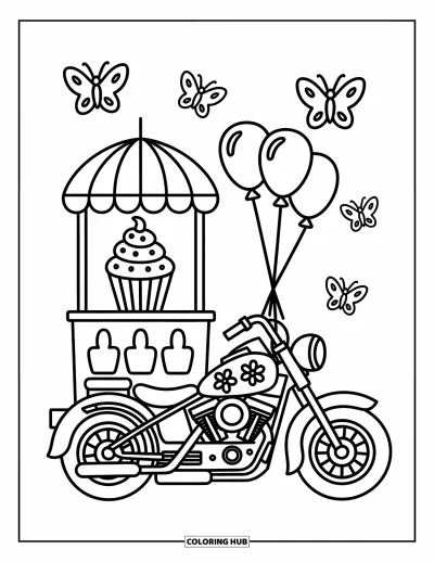 Desenho de moto para colorir para adultos: Uma motocicleta com desenhos florais está ao lado de uma barraca de cupcakes com balões e borboletas