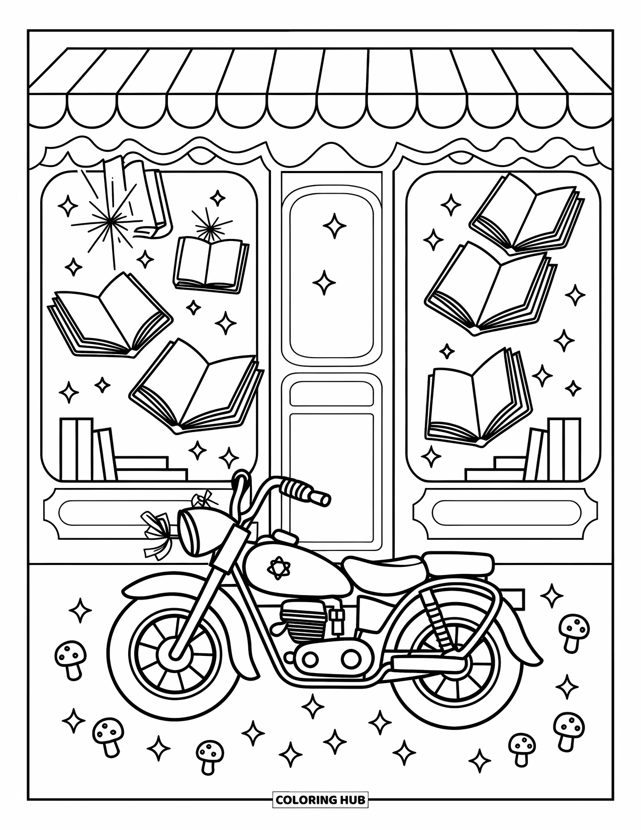 Desenho de moto para colorir para adultos: Uma moto com fitas fica em frente a uma livraria cheia de livros e brilhos flutuantes
