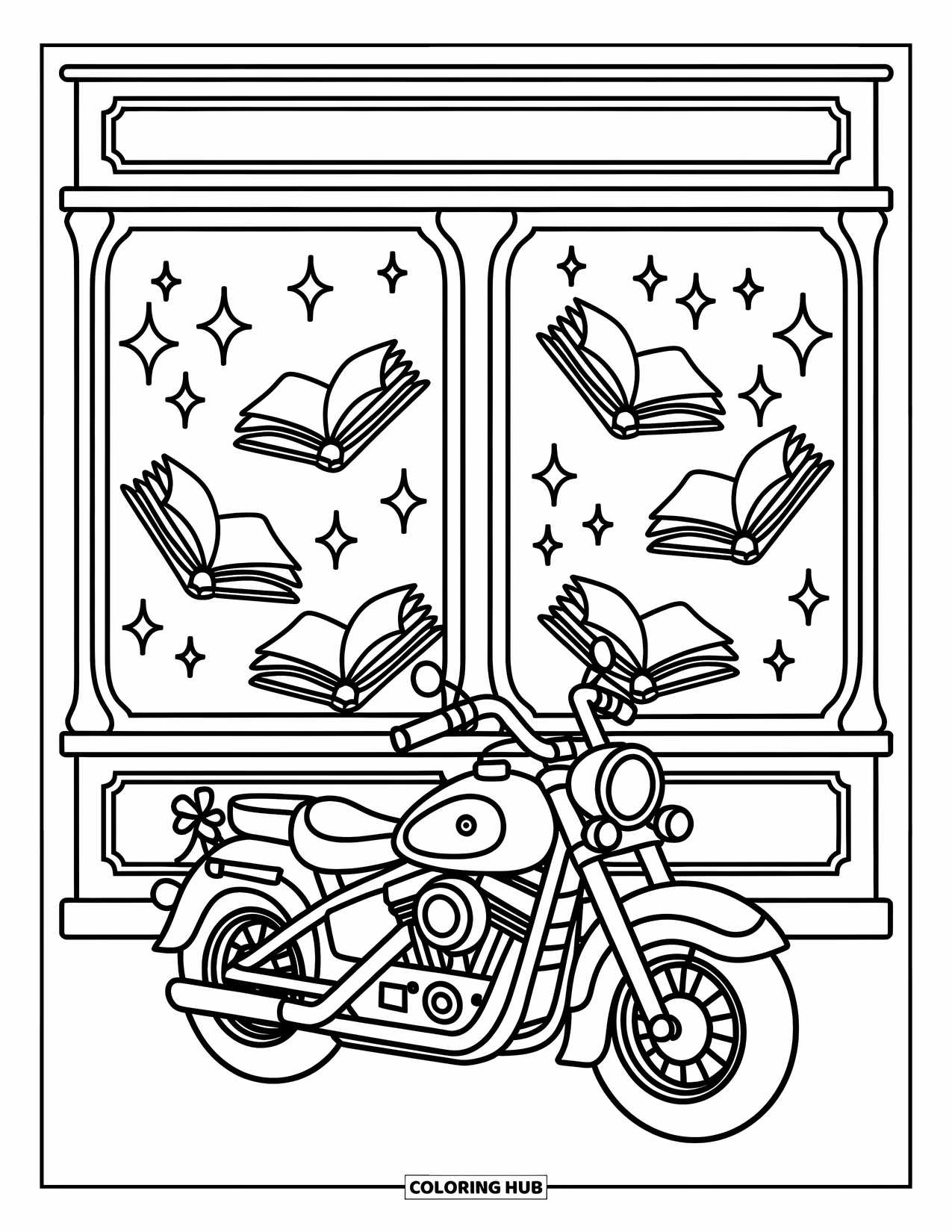 Desenho de moto para colorir para adultos: Uma moto com fitas fica em frente a uma livraria mágica com livros flutuantes