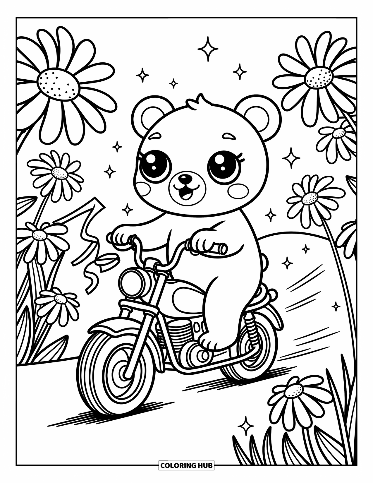 Desenho de moto para colorir para adultos: Um urso brincalhão em uma pequena bicicleta desliza por margaridas e brilhos enormes