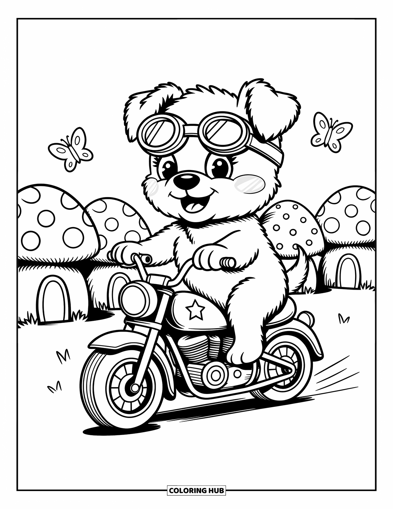 Desenho de moto para colorir para adultos: Um cachorrinho brincalhão em uma moto com estrelas passa por pequenas casas de cogumelos e borboletas