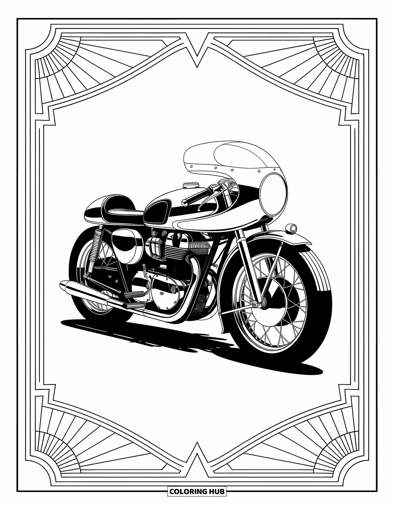 Desenho de moto para colorir para adultos: Uma moto de corrida com detalhes cromados fica entre padrões Art Déco simétricos