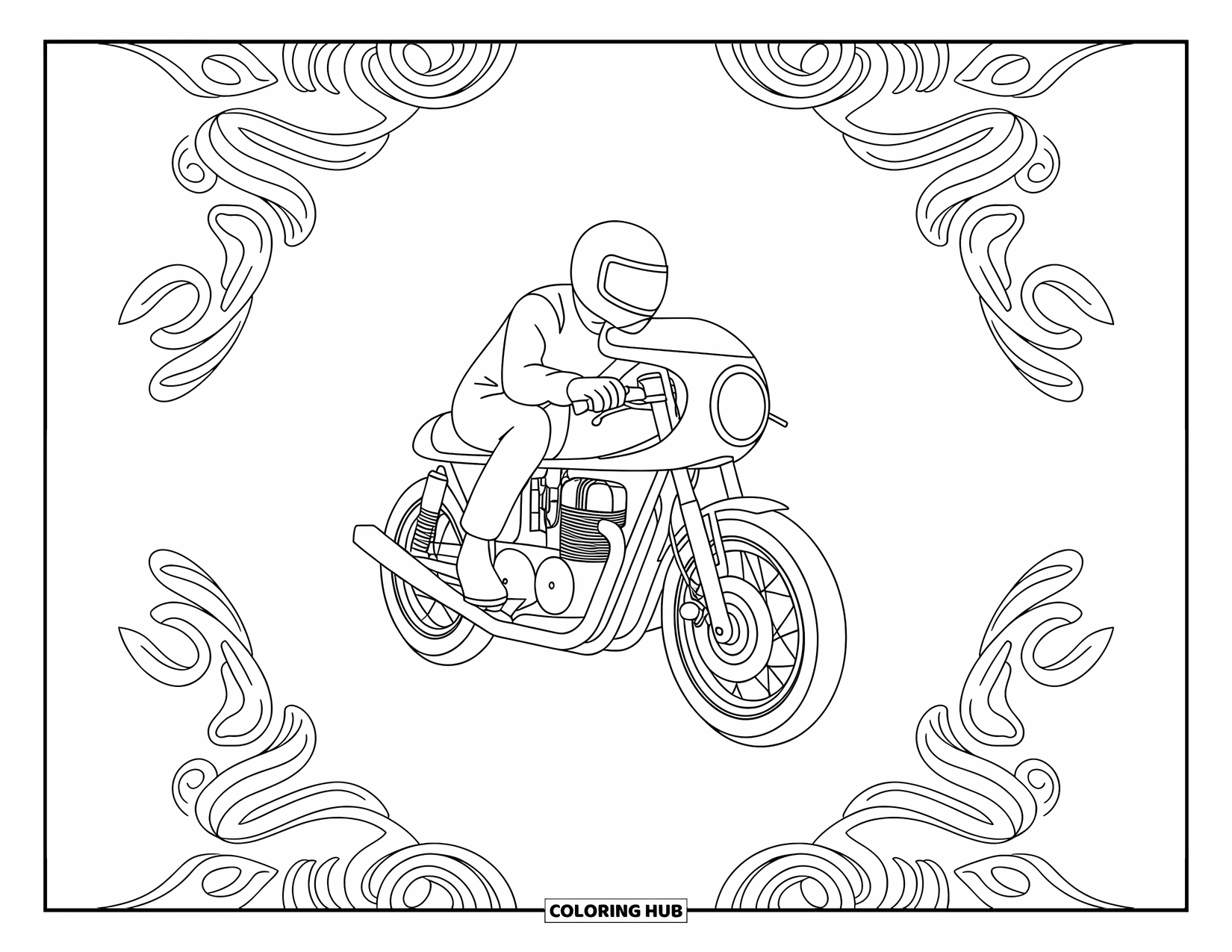 Desenho de moto para colorir para adultos: Um motociclista descansa em uma cafe racer cercada por designs ornamentais elegantes