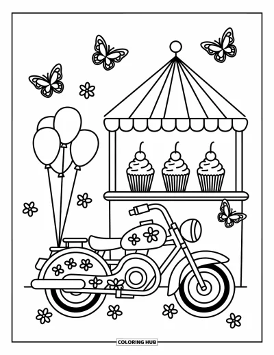 Desenho de moto para colorir para adultos: Uma motocicleta arredondada com desenhos florais estacionada ao lado de uma barraca de cupcakes e borboletas divertidas