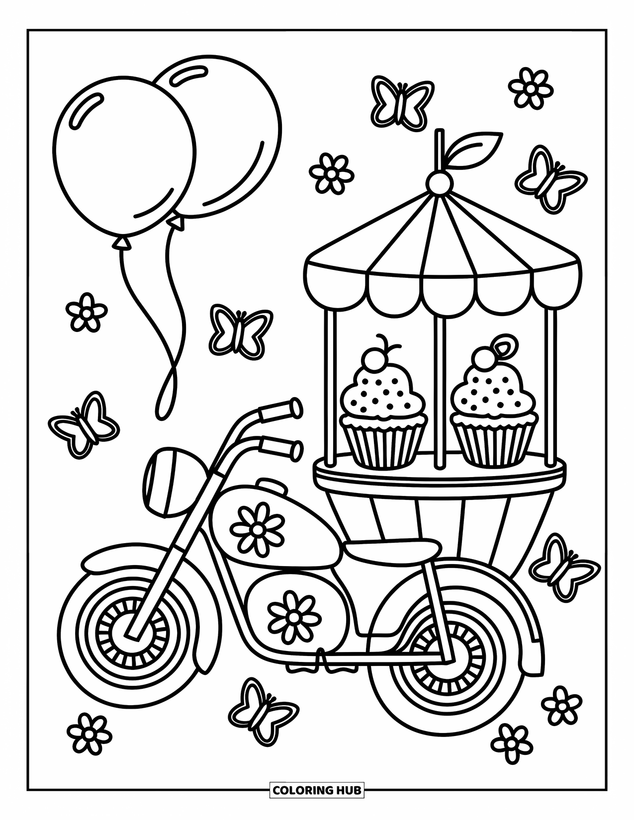 Desenho de moto para colorir para adultos: Uma moto arredondada com padrões de flores estacionada ao lado de uma barraca de cupcakes e borboletas tremulando