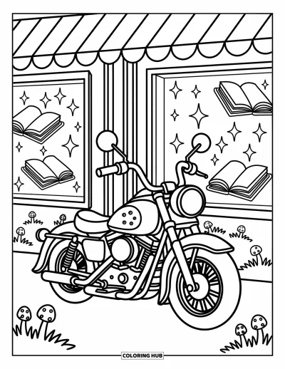 Desenho de moto para colorir para adultos: Uma motocicleta arredondada com decoração de fitas estacionada perto de uma livraria cheia de livros flutuantes