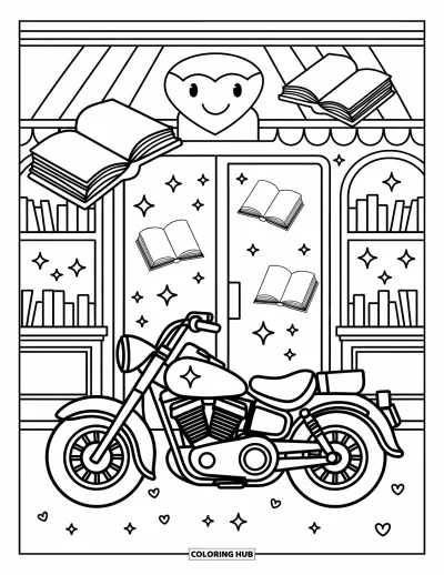 Desenho de moto para colorir para adultos: Uma motocicleta arredondada com fitas estacionada perto de uma livraria mágica com livros e estrelas flutuantes