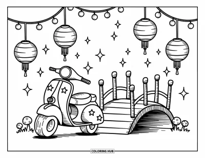 Desenho de moto para colorir para adultos: Uma scooter com padrões de estrelas descansa perto de uma pequena ponte de madeira com lanternas penduradas