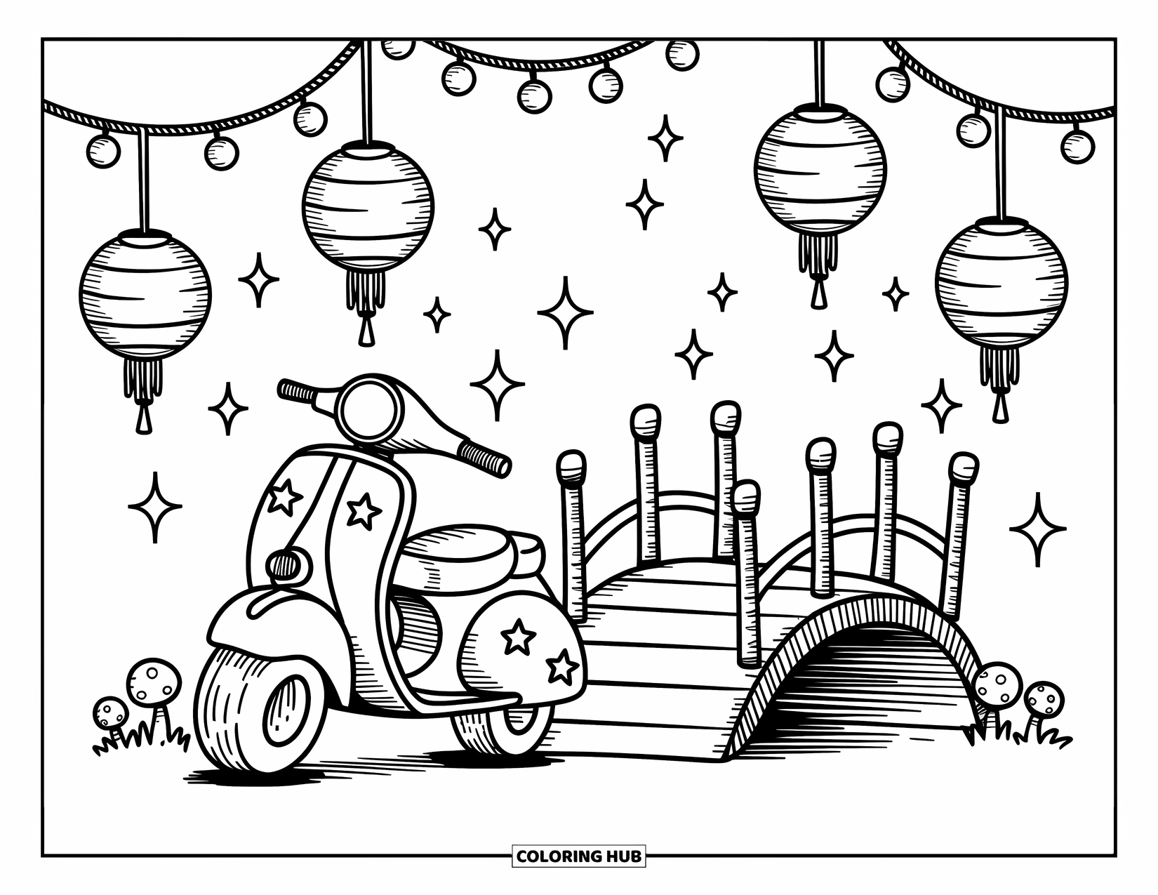 Desenho de moto para colorir para adultos: Uma scooter com padrões de estrelas repousa perto de uma pequena ponte de madeira com lanternas penduradas
