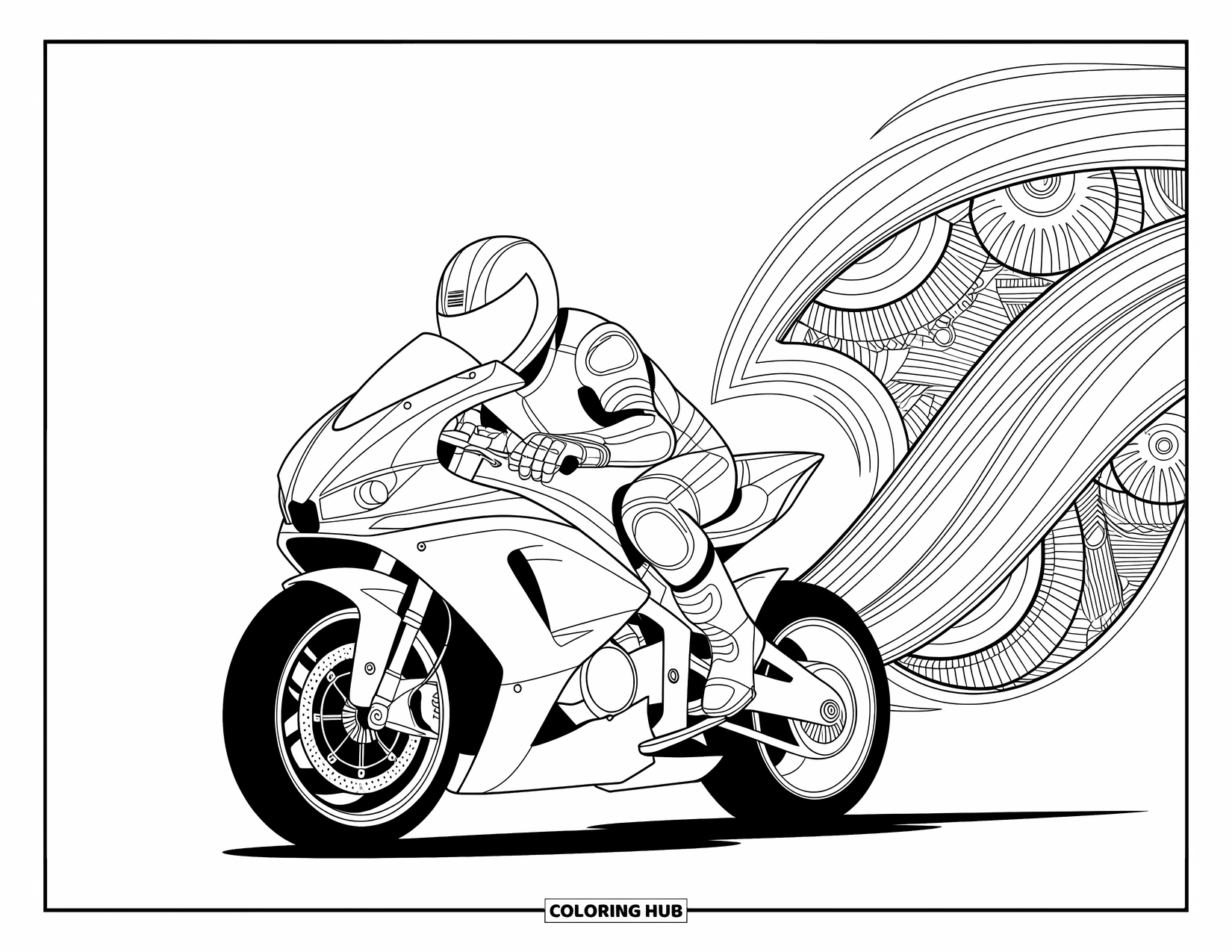 Desenho de moto para colorir para adultos: Uma moto de linhas nítidas com um motociclista é cercada por padrões de mandala detalhados