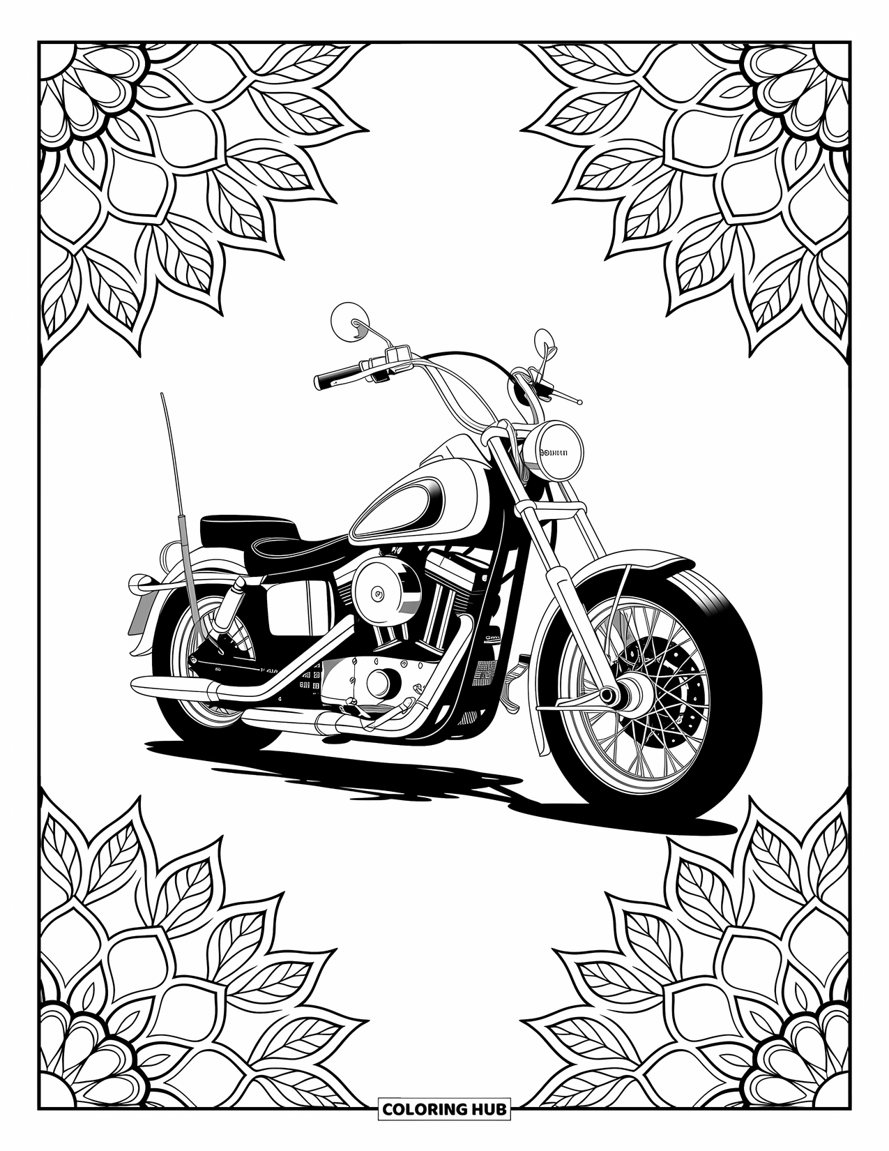 Desenho de moto para colorir para adultos: Uma moto chopper elegante cercada por designs de mandala e bordas geométricas decorativas
