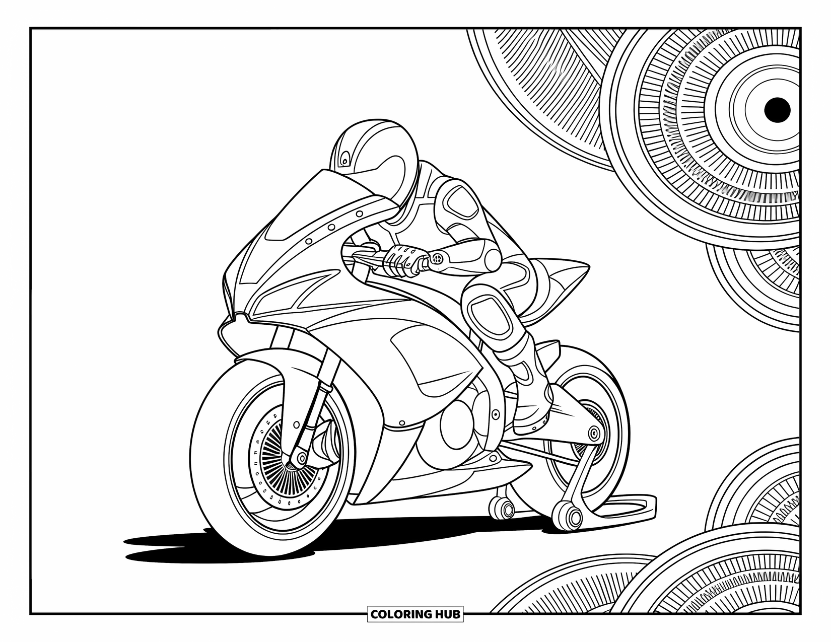 Desenho de moto para colorir para adultos: Uma moto elegante e um motociclista estão entre um mandala rodopiante e padrões mecânicos