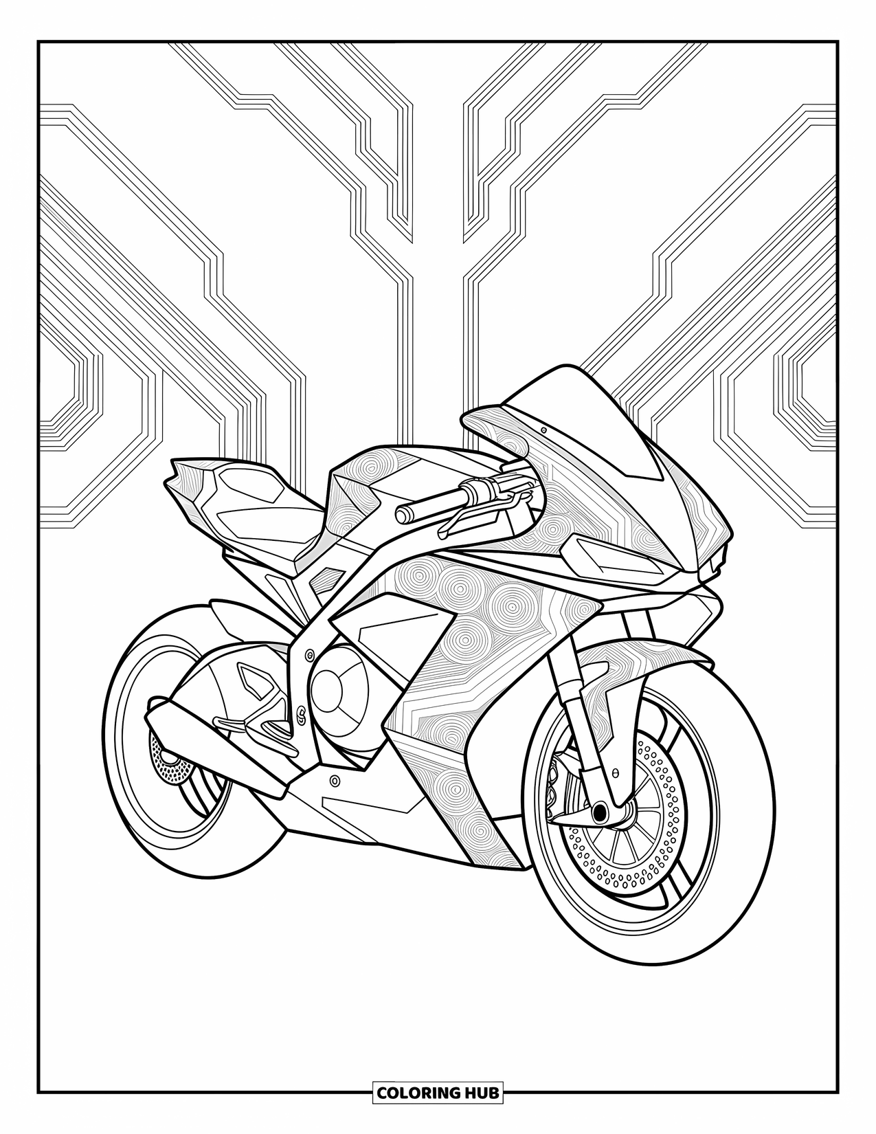 Desenho de moto para colorir para adultos: Uma moto elegante com sobreposições de circuitos se destaca entre padrões mecânicos simétricos
