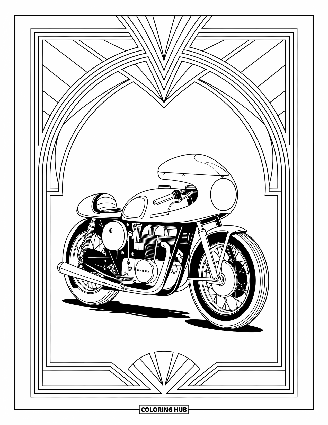 Desenho de moto para colorir para adultos: Uma moto de corrida elegante é cercada por formas Art Déco interligadas e linhas fluidas