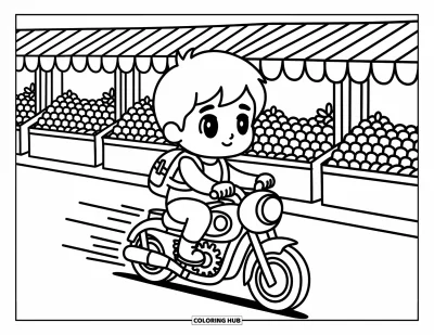 Desenho de moto para colorir para adultos: Um menino sorridente em uma motocicleta passa rapidamente por bancas animadas de frutas e flores