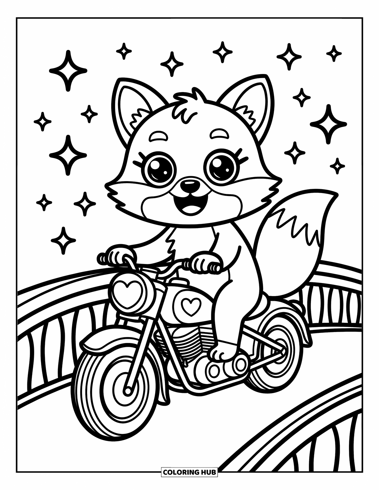 Desenho de moto para colorir para adultos: Uma raposa sorridente anda em uma moto gordinha sobre uma ponte com estrelas brilhantes acima