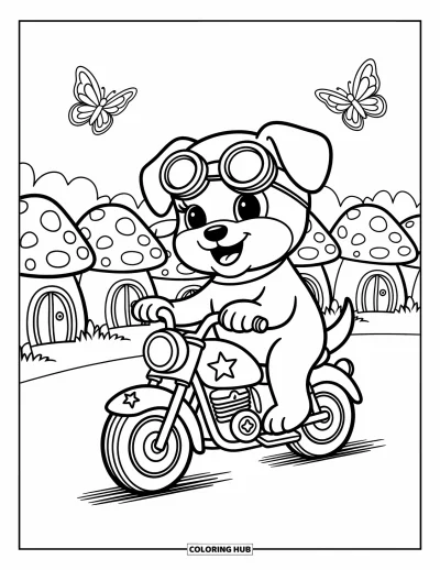 Desenho de moto para colorir para adultos: Um cachorrinho sorridente acena de uma motocicleta decorada com estrelas perto de casinhas de cogumelo acolhedoras