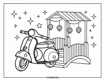 Desenho de moto para colorir para adultos: Uma scooter decorada com estrelas estacionada perto de uma ponte com lanternas e brilhos no céu