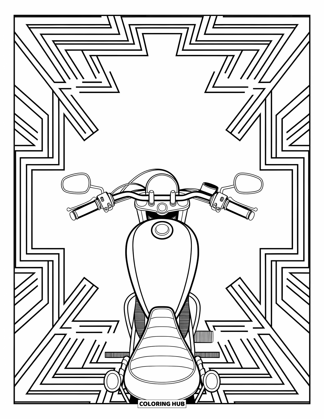 Desenho de moto para colorir para adultos: Uma vista de cima para baixo da moto com padrões rodopiantes e designs geométricos intrincados