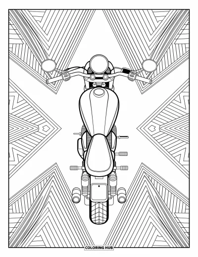 Desenho de moto para colorir para adultos: Uma vista superior de motocicleta com mãos no guidão emoldurada por padrões em espiral