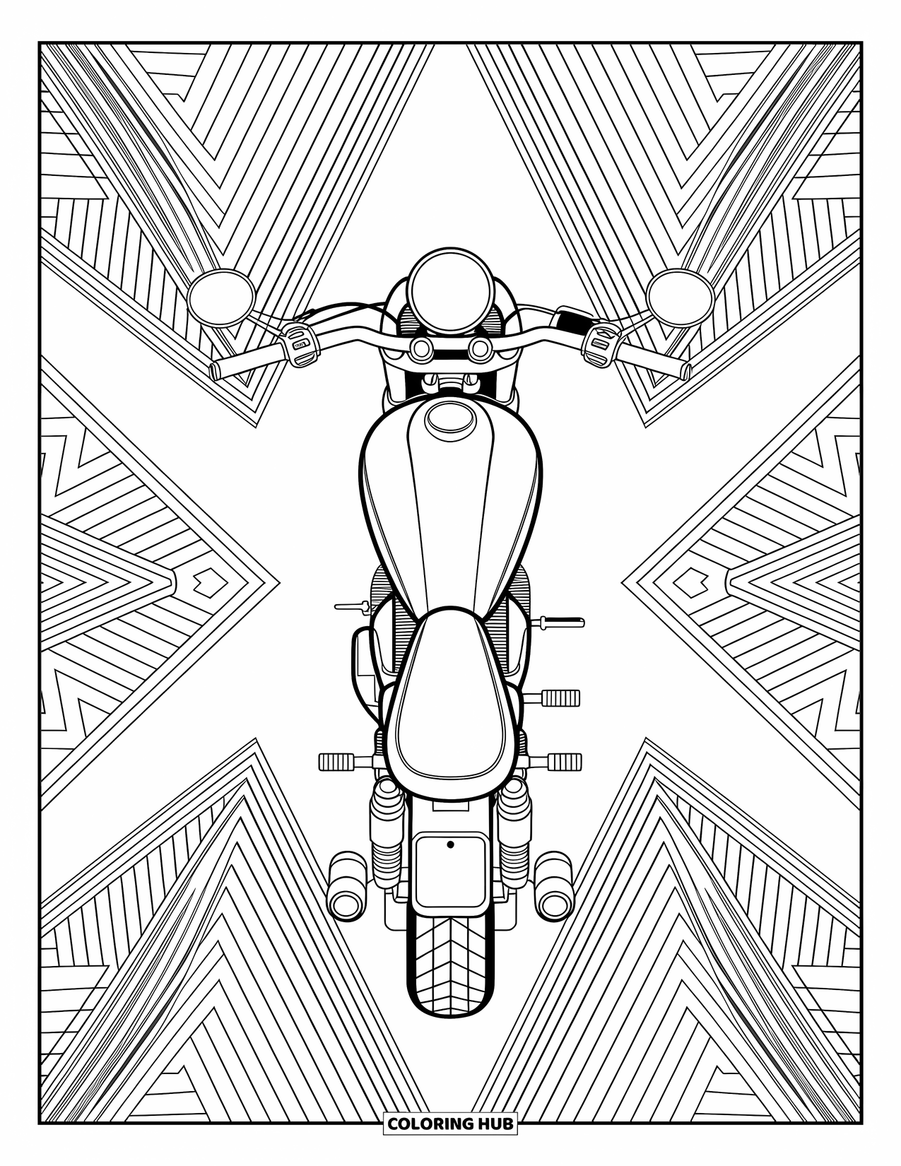 Desenho de moto para colorir para adultos: Uma vista superior de uma moto com as mãos no guidão emoldurada por padrões giratórios