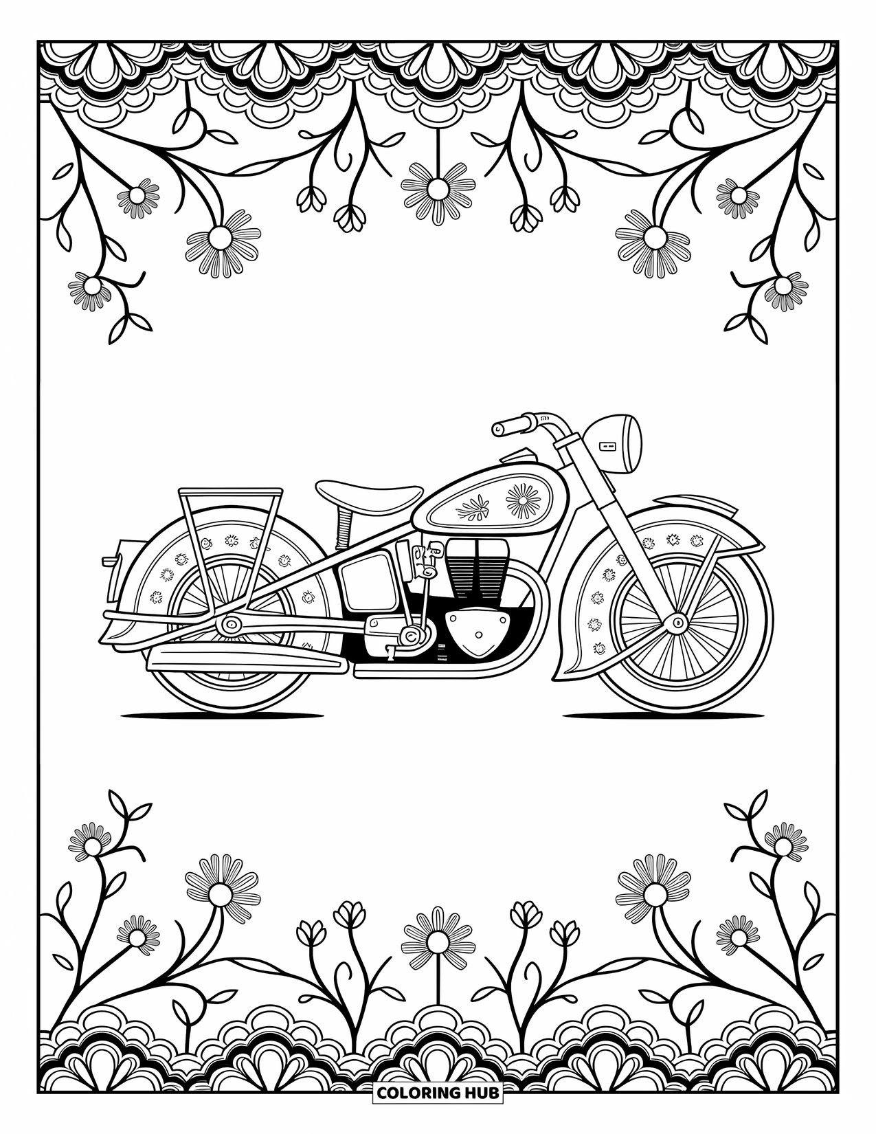 Desenho de moto para colorir para adultos: Uma moto vintage apresenta designs florais gravados com vinhas rodopiantes e bordas de renda