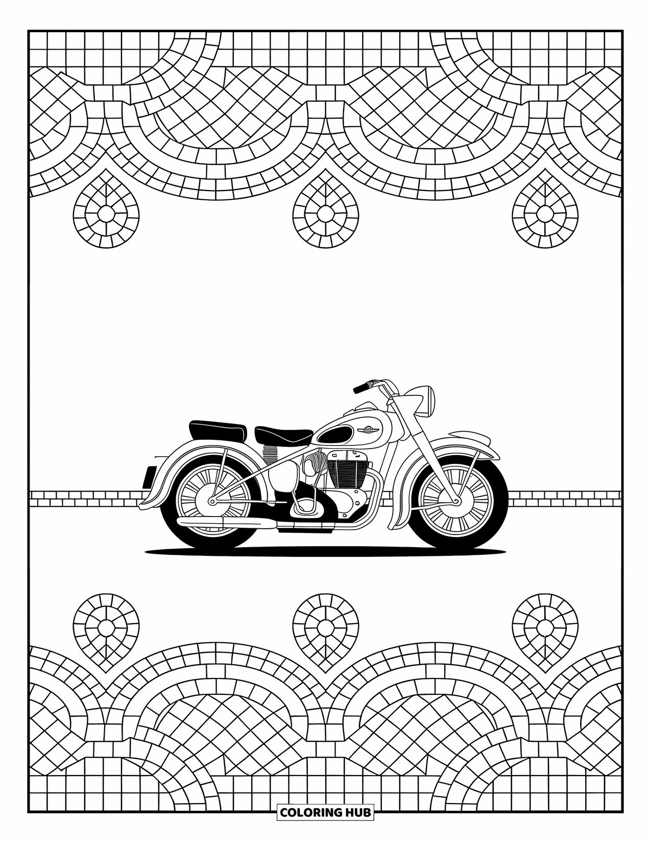 Desenho de moto para colorir para adultos: Uma moto vintage está estacionada entre padrões de mosaico e designs detalhados de arabescos