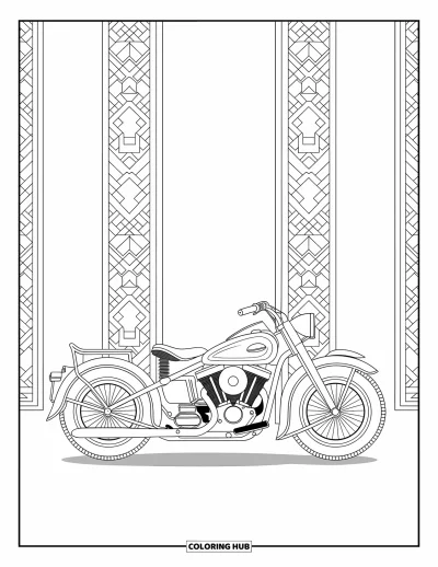 Desenho de moto para colorir para adultos: Uma motocicleta vintage está no centro de padrões de mosaico em espiral e arabescos