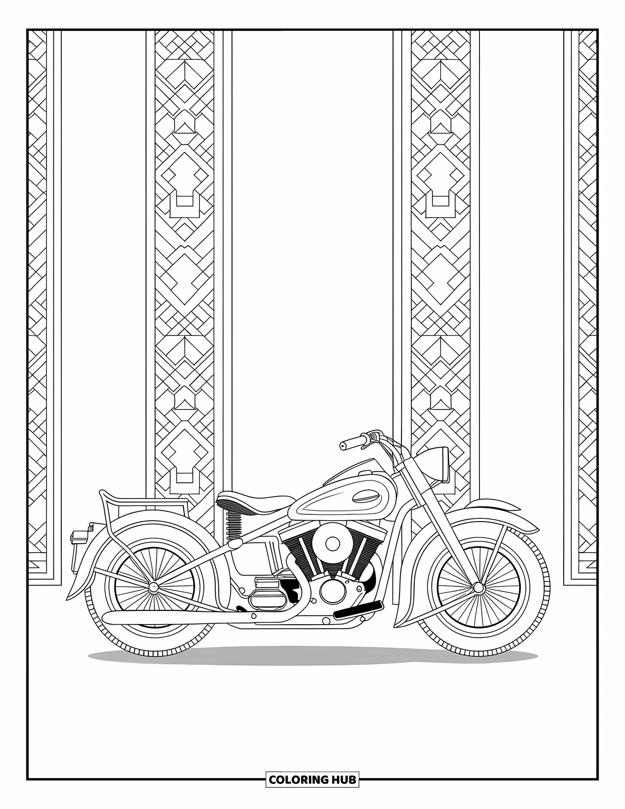 Desenho de moto para colorir para adultos: Uma moto vintage fica no centro de padrões de mosaico e arabescos