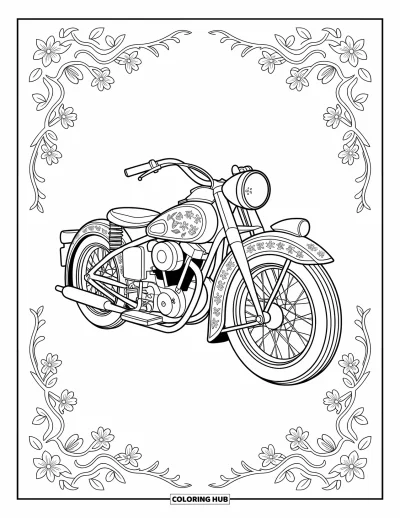 Desenho de moto para colorir para adultos: Uma motocicleta vintage com detalhes florais é cercada por motivos em espiral e bordas intrincadas
