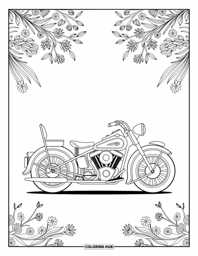 Desenho de moto para colorir para adultos: Uma motocicleta vintage com padrões florais aparece sobre fundos intrincados e bordas elegantes