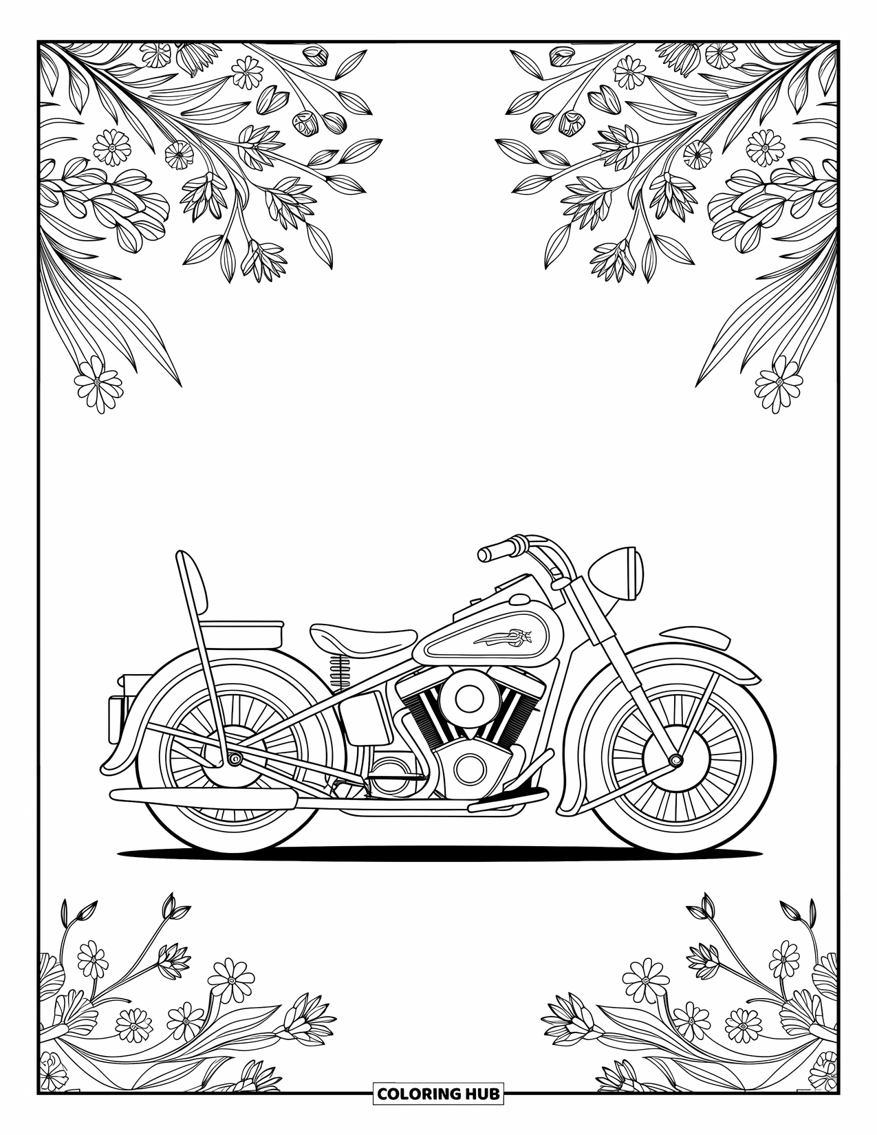 Desenho de moto para colorir para adultos: Uma moto vintage com padrões florais se destaca contra fundos intrincados e bordas elegantes