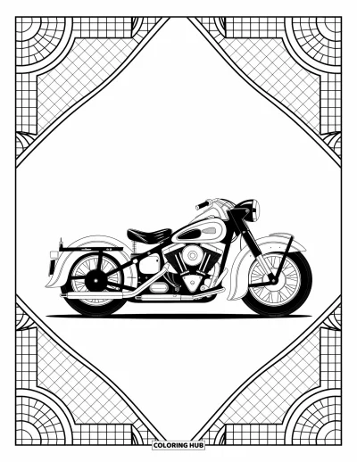 Desenho de moto para colorir para adultos: Uma motocicleta vintage de curvas elegantes está entre padrões simétricos elaborados