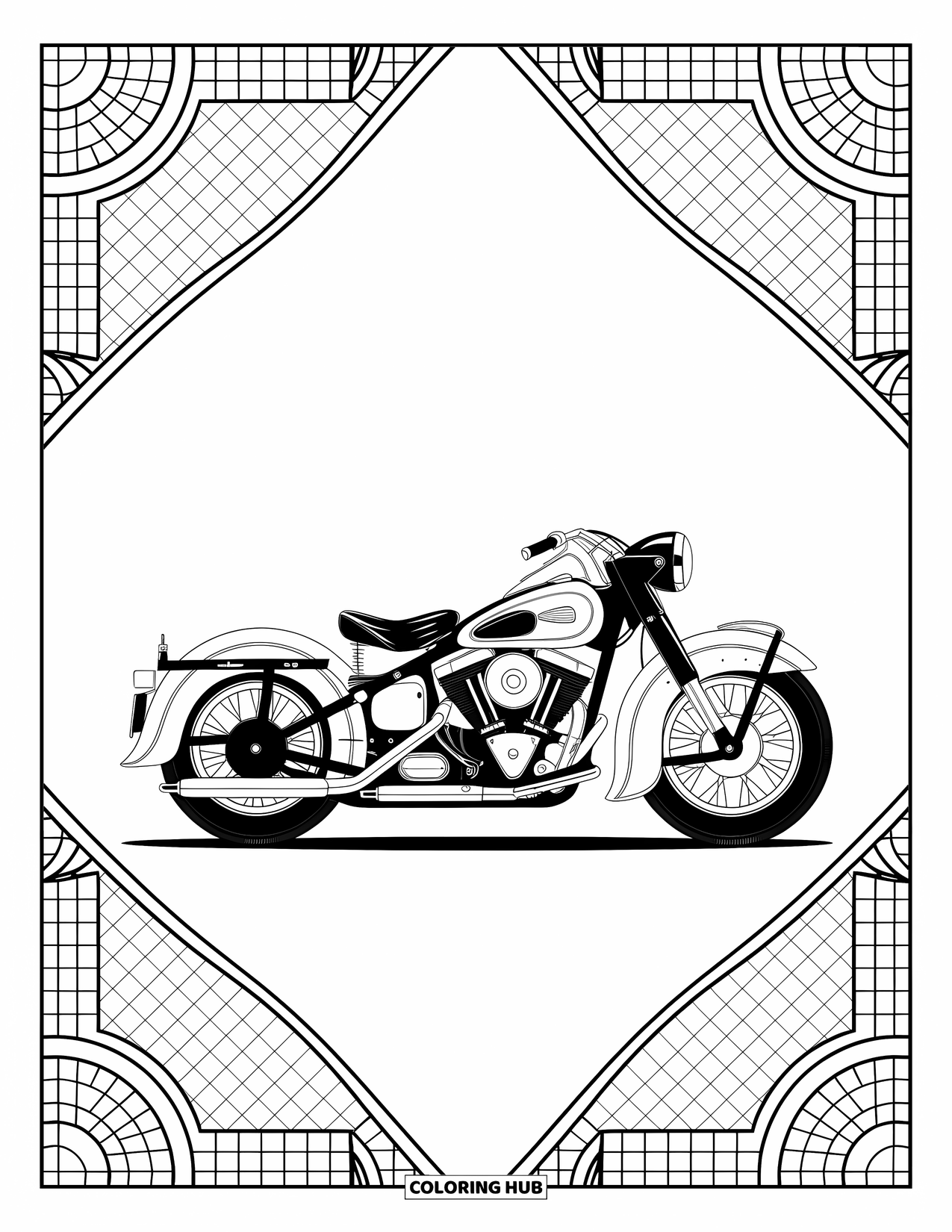 Desenho de moto para colorir para adultos: Uma moto vintage com curvas elegantes fica entre padrões simétricos elaborados