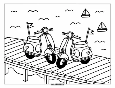 Desenho de moto para colorir para adultos: Scooters com assentos em formato de coração descansam em um píer com ondas suaves por perto