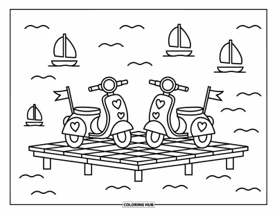Desenho de moto para colorir para adultos: Duas scooters com assentos em formato de coração e mini bandeiras estacionadas em um píer acolhedor