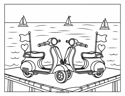 Desenho de moto para colorir para adultos: Duas scooters pequenas em um píer de madeira com veleiros minúsculos ao longe