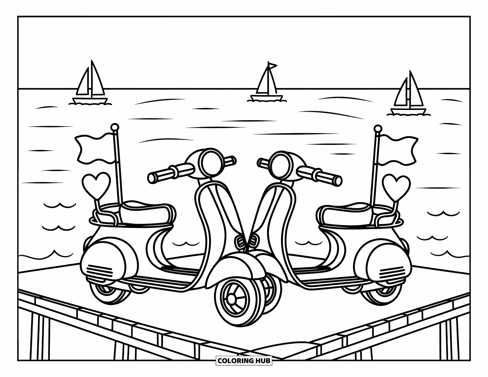 Desenho de moto para colorir para adultos: Duas pequenas scooters em um píer de madeira com pequenos veleiros à distância