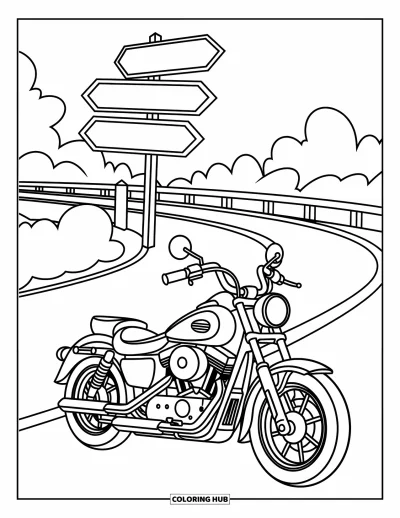 Desenho de moto para colorir para crianças: Uma ilustração em preto e branco, com contornos limpos e marcantes em fundo branco, mostra uma motocicleta estacionada em uma estrada sinuosa